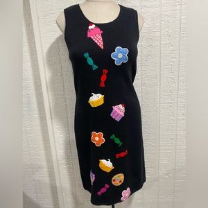 MICHAEL SIMON Vintage Early 90’s Black Knit Sleeveless Dress Desserts Applique S